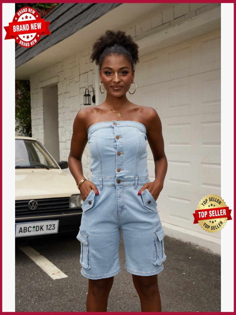 Strapless Denim Romper Sexy Sleeveless Cargo Shorts Jumpsuit - Picture 6 of 7